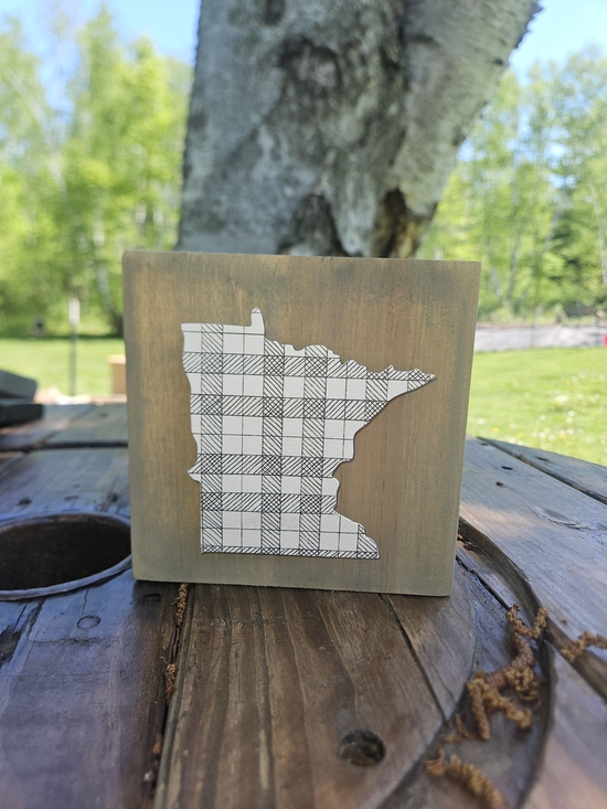 Other - Plaid Minnesota Wood Block Sign - White Plaid on Gray Wood